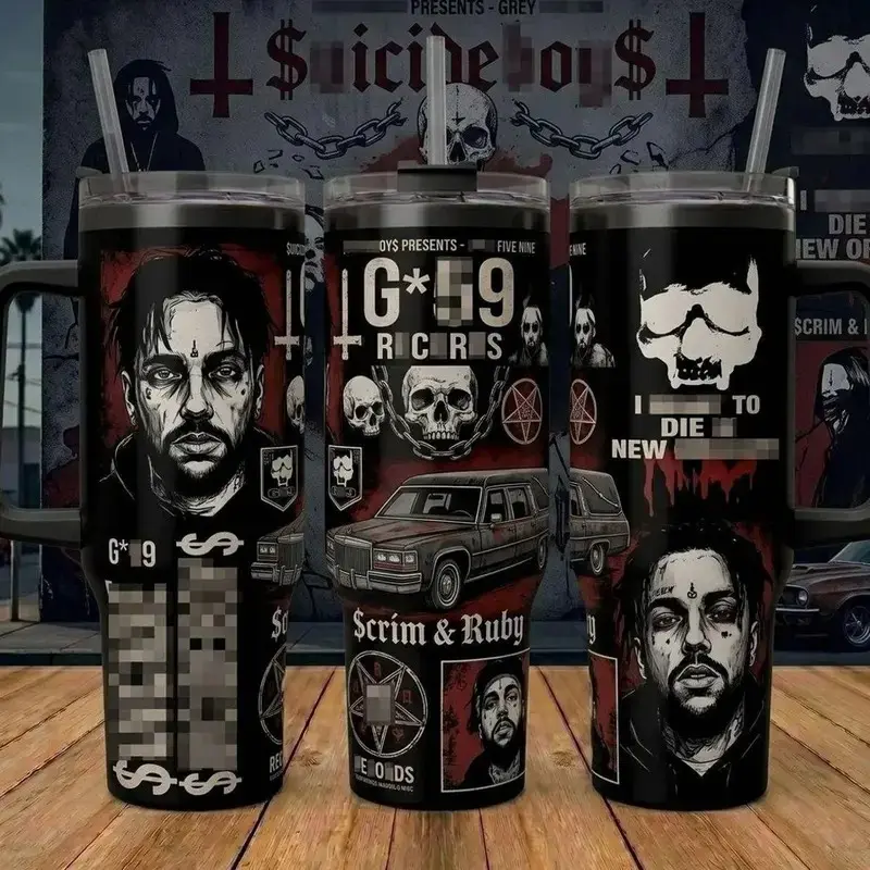 G59 Records Suicideboys Hip Hop Tumbler 40oz with Handle, Scrim Ruby Skull Stainless Steel Cup, Dark Aesthetic Gothic Travel Mug with Straw, Rap Concert Merch Fan Gift