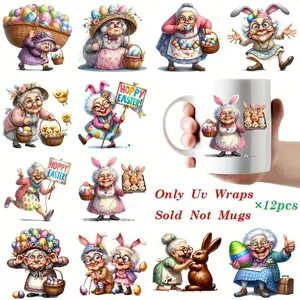 12pc Happy Easter UV DTF Cup Packaging Stickers Waterproof Decorative Funny Stickers for Mugs Cups Bottles School Supplies Art Crafts DIY Transfer Paper Easy to Apply Long-Lasting, and Reusable Transfer Stickers