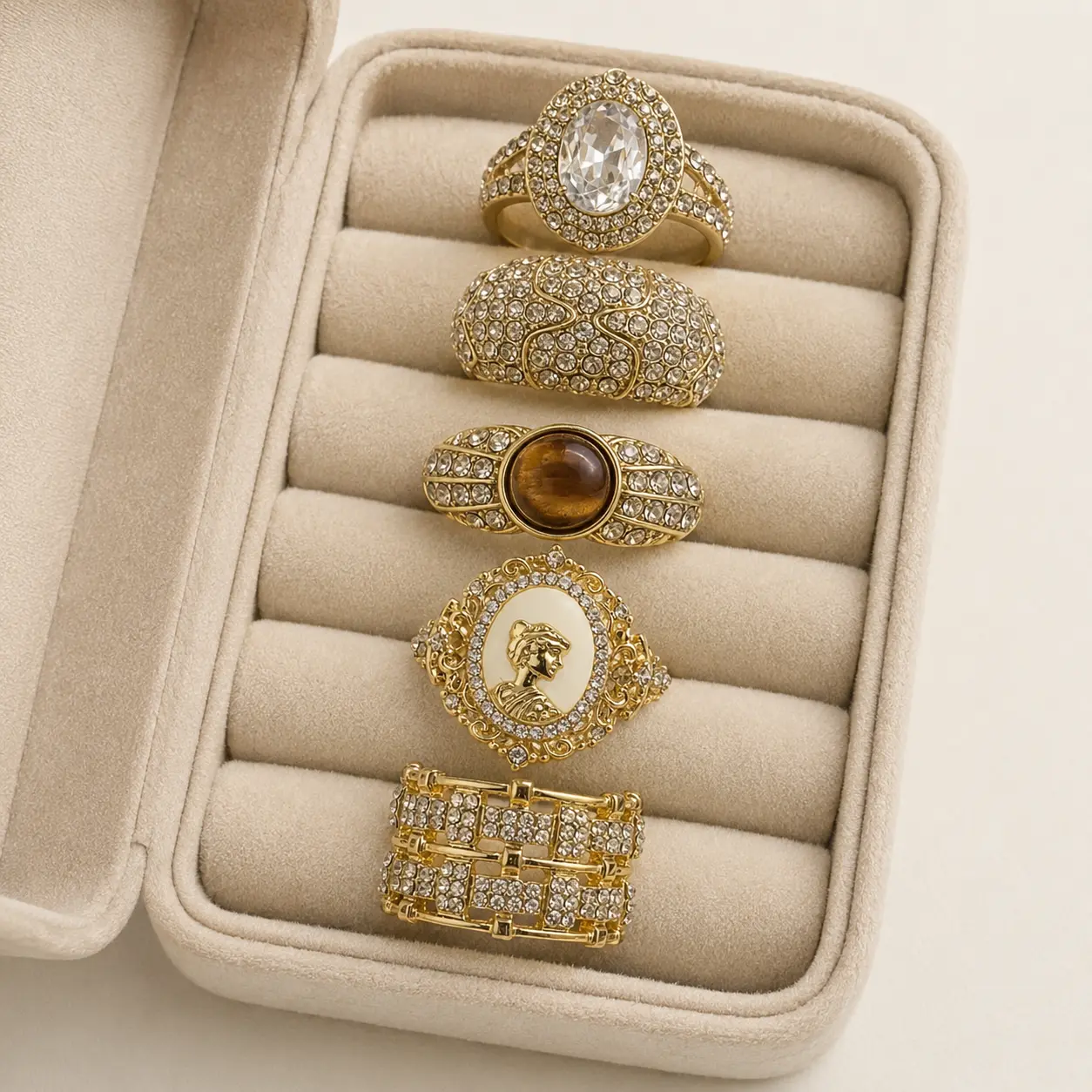 Elegant Gold Tone 5-pc Rings Set with Crystal Accents and Unique Stone Designs for Women's Fashion