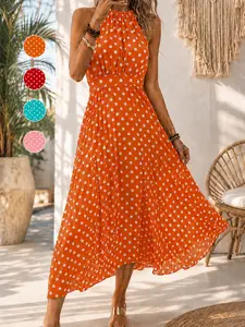 Women's Summer Trendy Polka Dot Halter Midi Dress, Multi-Color Options, Casual Vacation Style, Elegant Daily Wear, Perfect for Summer