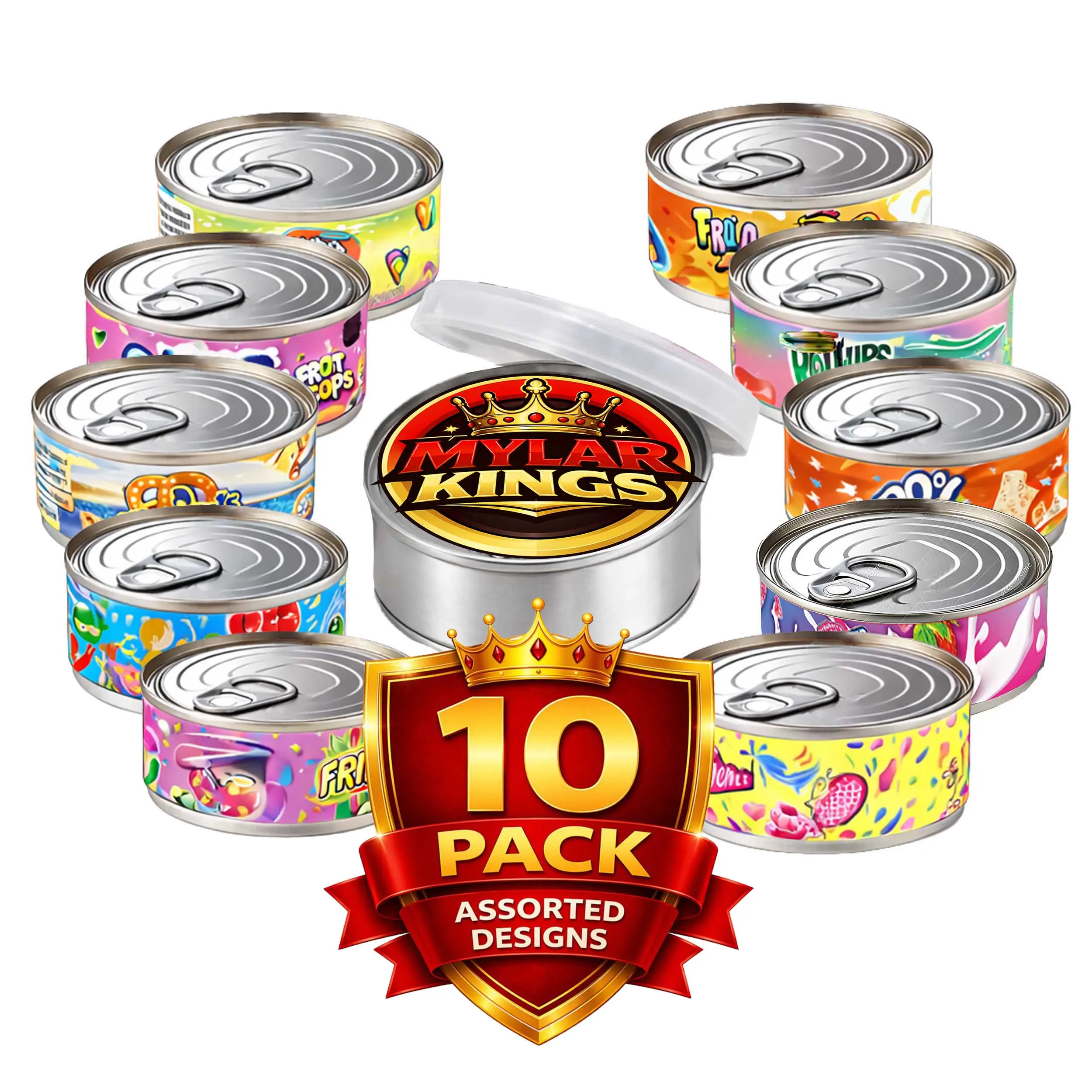 10 Pack Pull Top Tin Can Storage Containers Bundle Assorted Designs