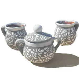 Azucareras Sets - 2 Tazas y Una Azucareras - Decorative White Pottery with Floral Design - Ideal for Snacks