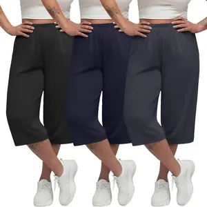 3 Pack Women's Plus Size Capris Wide Leg Loose Elastic High Waist Yoga Pants Cropped Lounge Sweatpant with Pockets