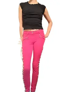 Studded Upcycled Pants Pink Lace-Up Y2K Women's Bottoms Skinny Style with Grommets Ribbon Accents & Zipper Detail Vintage Fashionable Design