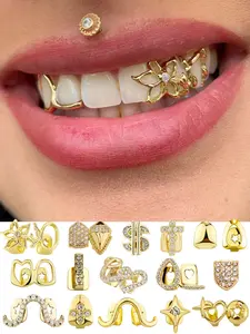 1pc Gold Teeth Grillz for Women Men Dental Grillz Silver Tooth Cap Top or Bottom Grillz Cap Golden Tooth Jewelry, Tooth Gems, CZ Diamond Flower Star Shape Mouth Grills Men Hip Hop Outfits Custom Accessory For Mother's Day Daily Decoration