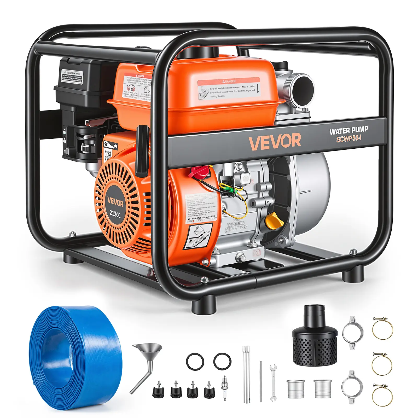【summerfinds】VEVOR Gas Powered Water Pump, 2 in, 132 GPM 6.5HP Semi Trash Water Transfer Pump Portable, Gasoline Engine with 25 ft Discharge Hose, Heavy Duty Frame, Cast Iron Impeller, for Irrigation, Ponds, Pools, Swimming Pool Pumps