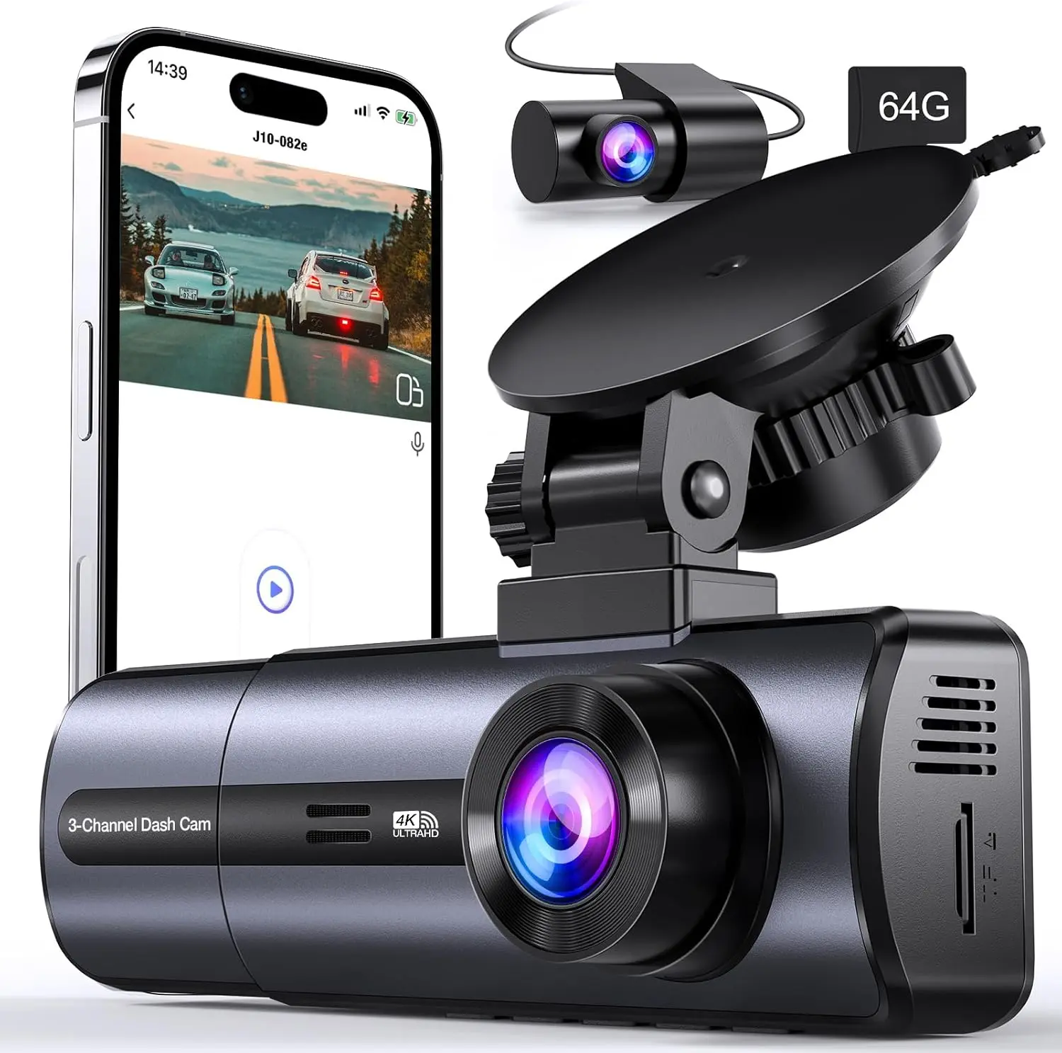 3-Channel 4K WiFi Dash Cam, 4K/2.5K+ 1080P Triple Front, Inside&Rear Camera,64GB SD,App Control, G-Sensor, 24Hr Parking Mode, Loop Record,Night Vision