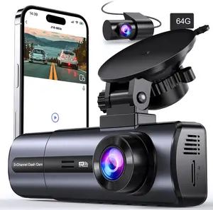 3-Channel 4K WiFi Dash Cam, 4K/2.5K+ 1080P Triple Front, Inside&Rear Camera,64GB SD,App Control, G-Sensor, 24Hr Parking Mode, Loop Record,Night Vision