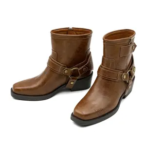 Women's Vintage Square-Toe Chunky Ankle Boots with Metal, Square-Toe Chunky Ankle Strap Boots, Women Shoes