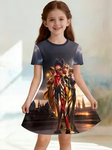Girls' 3D Short Sleeve Dress, Miraculous Ladybug Full Print, Perfect for Parties, Festive Gifts, Birthday Presents, Casual Style
