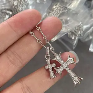 Cross Necklace, Double Hanging Pendant Necklace Couple Zircon Cross Pendant Ornaments