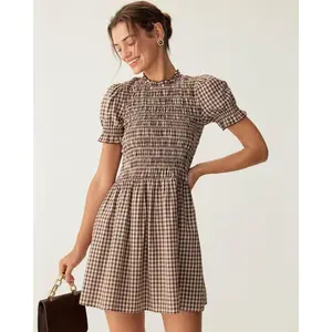 Coffee Plaid Puffed Sleeve Mini Dress