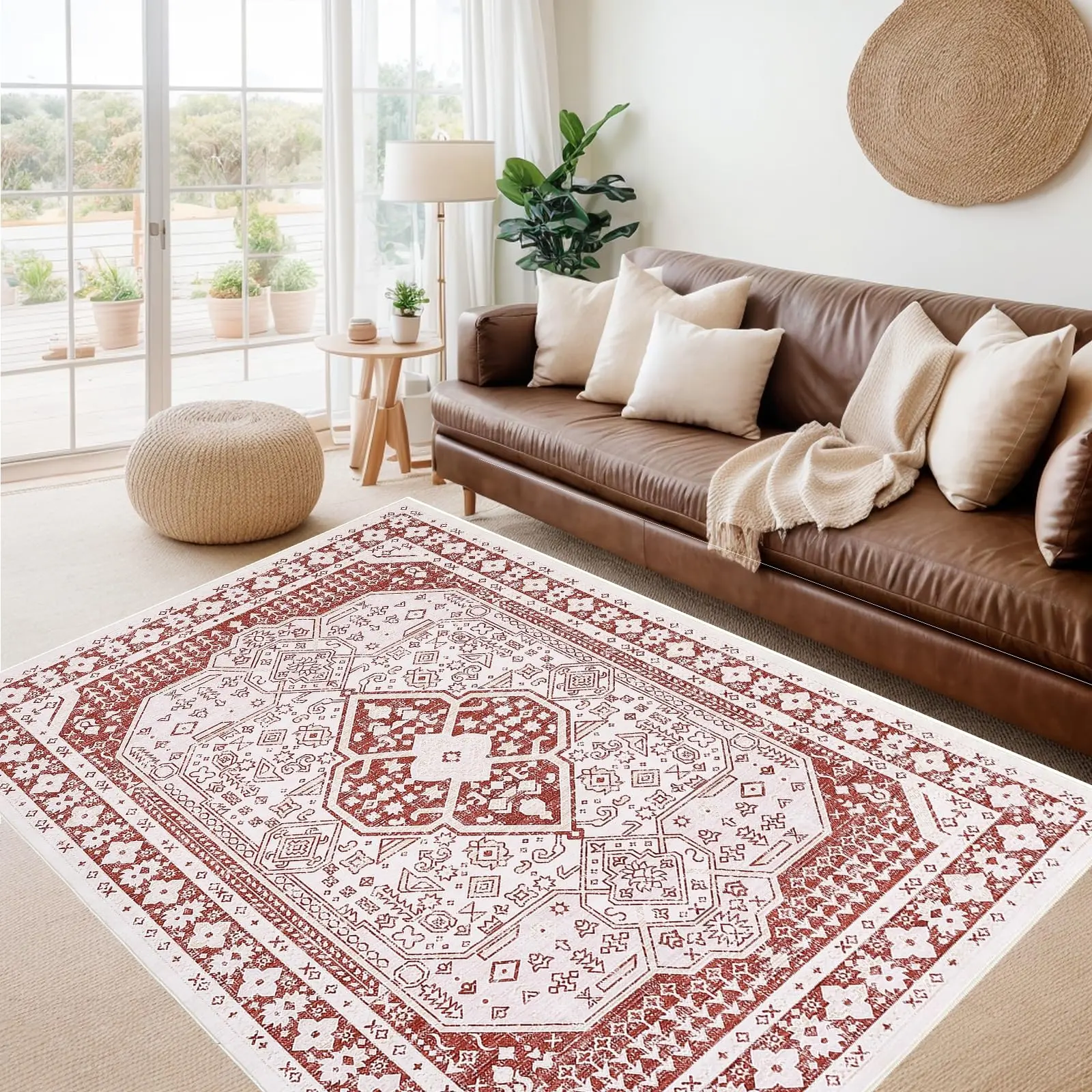【GARVEE】Washable 9x12 Area Rug for Living Room and Bedroom, Ultra-Thin Vintage Moroccan Soft Carpet, Stain Resistant, No Slip, Large Rug for Dining Room in Red