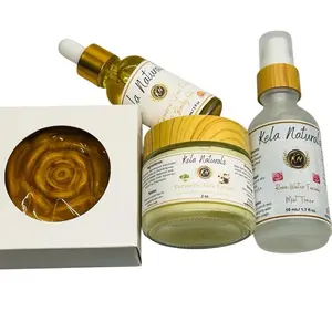 Kela Naturals Acne Dark Spot Facial Bundle with Turmeric Honey Black Soap Glow Face Oil & Face Cream for Clear Skin Aha Bha Clarifying Detox Duo