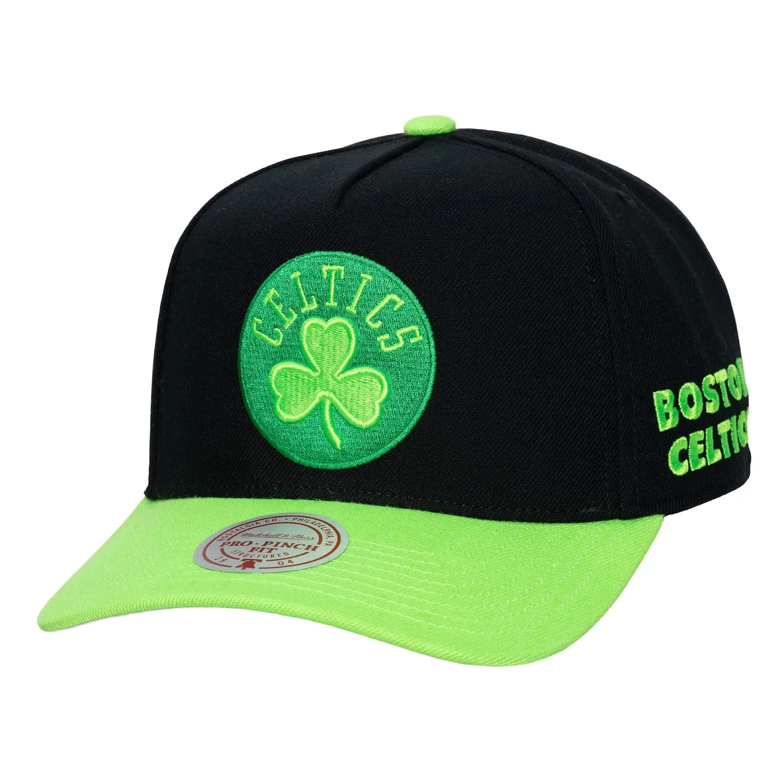 Boston Celtics Black/Neon Green Legendary Away Pro Pinch Snapback Hat NBA Throwback Cap Adjustable Fan Gear Mitchell & Ness