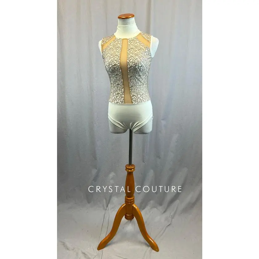 Custom Cream High Neck Leotard Mesh Inserts and Tan Gauze Fishnet Overlay