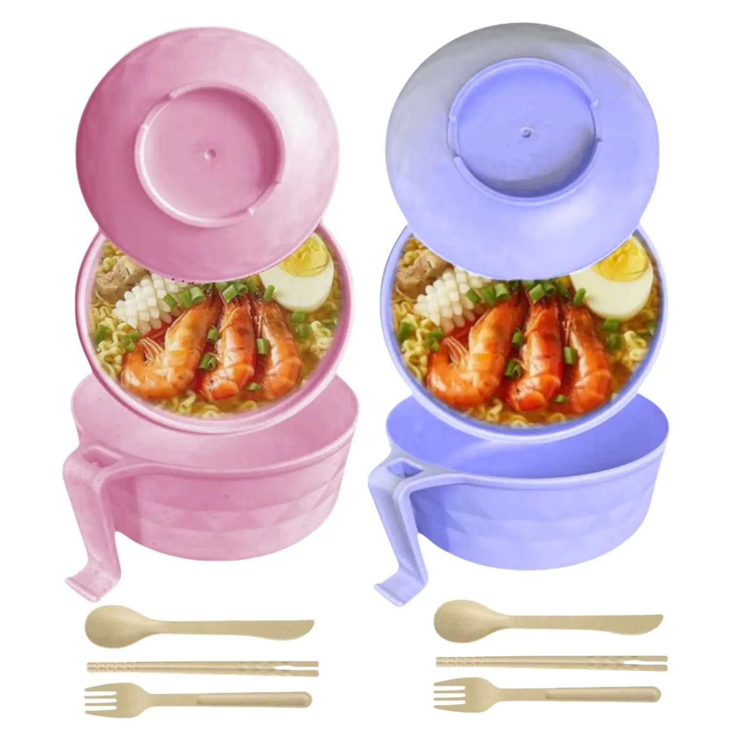 MIUVA 2 Sets Microwave Ramen Cooker Bowl Set with Spoon & Forks, Instant Noodle Bowl with Tableware, Ideal for College Dorm Room Apartment Essentials, Mother's Day Gifts Home