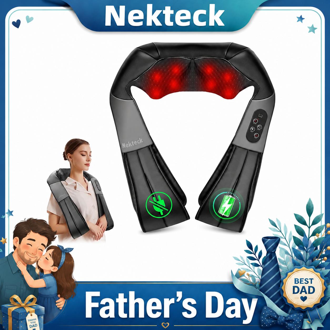 Nekteck Cordless Shiatsu Neck & Back Massager with Heat - 8 Nodes, 3 Intensity Levels, Rechargeable Battery, Ergonomic Design for Pain Relief, Gifts for Father Mother Friend