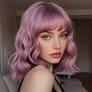 Purple Color Wigs Short Curly Wigs With Bangs 14 Inch Easy to Wear Natural Fashion Synthetic Wig For Women's Daily Party Christmas Use