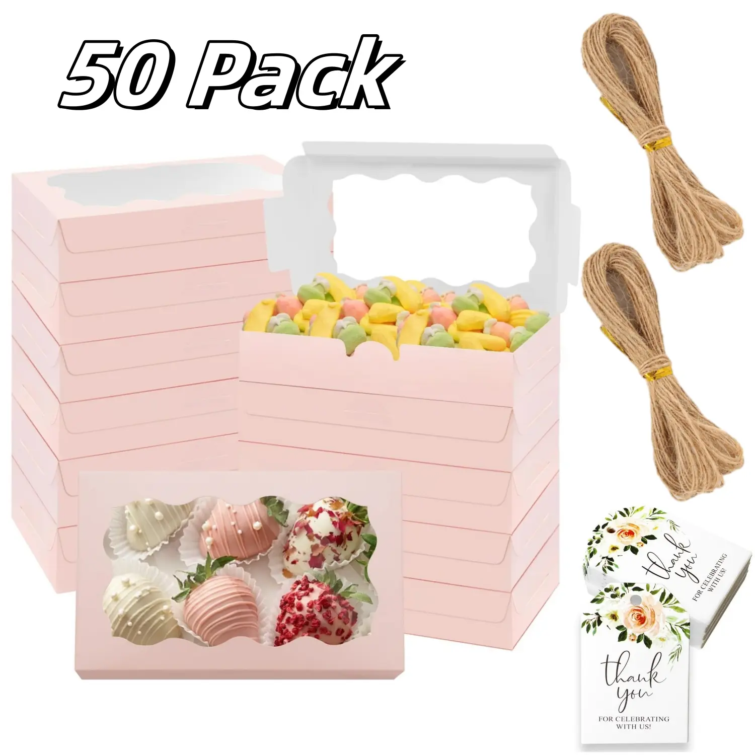 50 Pack Ccookie Boxes with Window Pink Bakery Boxes 7 x 4.3 x 1.5 Inch Takeout Bakery Treat Boxes for Cookies, Dessert, Donuts, Pie, Candy, Strawberries, Macarons