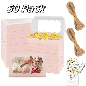 50 Pack Ccookie Boxes with Window Pink Bakery Boxes 7 x 4.3 x 1.5 Inch Takeout Bakery Treat Boxes for Cookies, Dessert, Donuts, Pie, Candy, Strawberries, Macarons