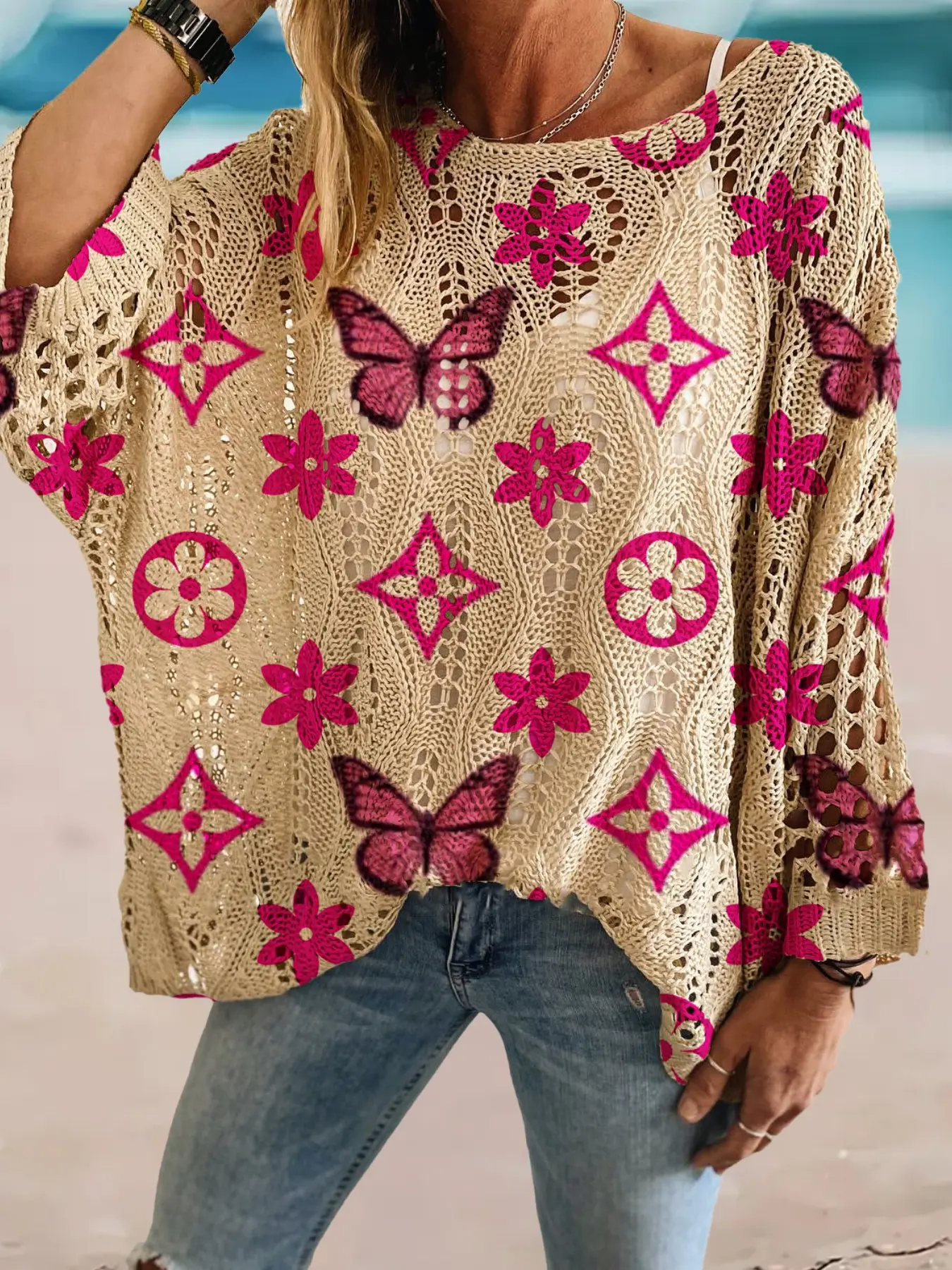 Geometric Butterfly Print Long Sleeve Knitted Top, Casual Elegant Fashion Vacation Style Sweater Knitwear, Loose Batwing Shoulders, Spring Summer Fall Women's Clothing Fit