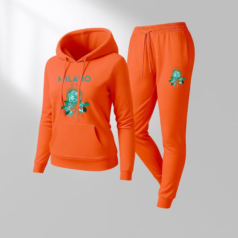 Women's Milano Flower Print Lips Print Hair And Sunglasses Hoodie And Drawstring Track Pants Set, Casual Sportswear, Long-Sleeved Hooded Jacket And Pants, Suitable For Autumn And Winter,  Indoor And Outdoor Sportswear, Casual Sportswear.