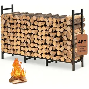 4FT Firewood Rack Indoor Outdoor, Heavy Duty Log Holder Stand for Fireplace, Adjustable Wood Storage Organizer with Weather-Resistant Tubular Steel, Cradle for Kindling & Stacking Logs