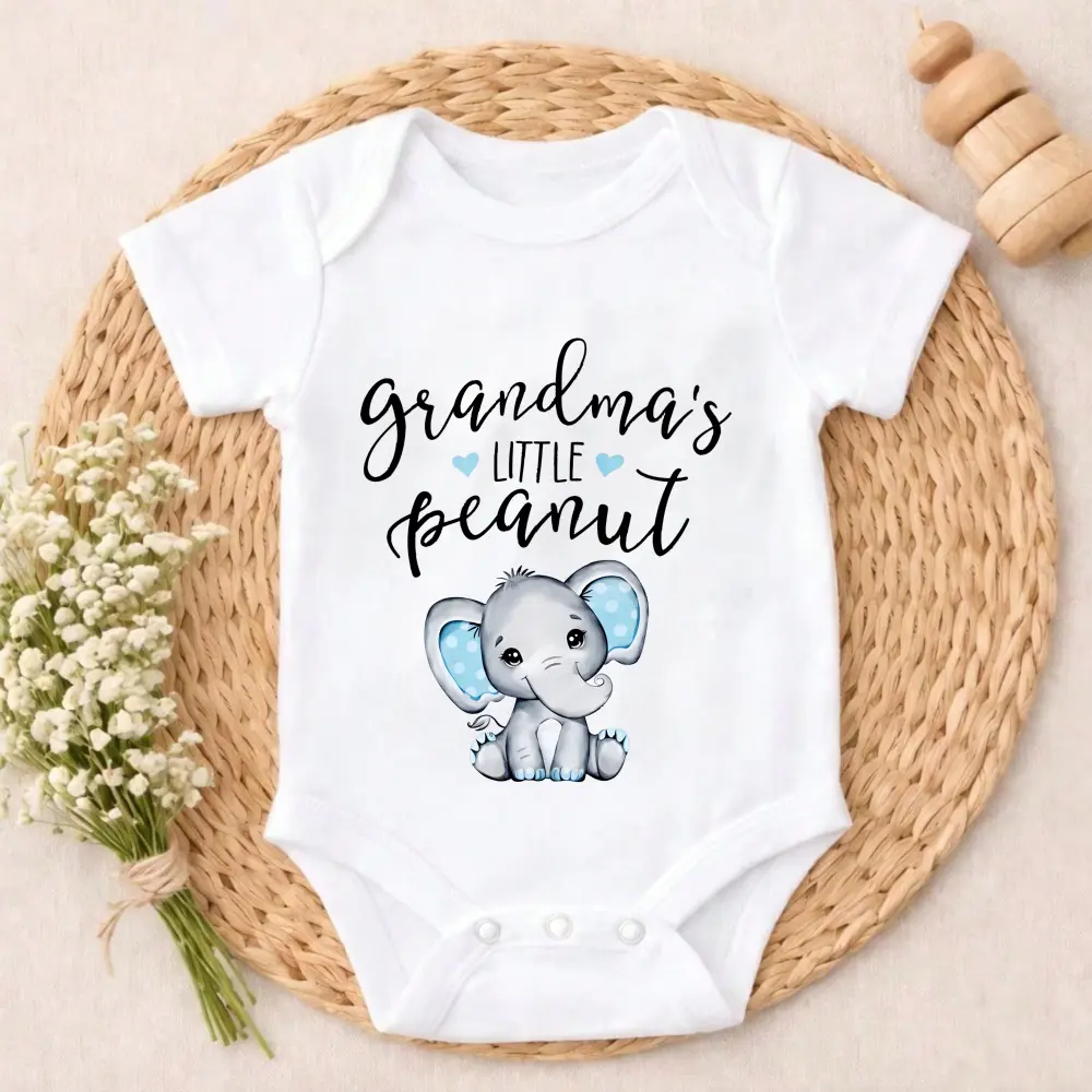 Baby Bodysuit Grandma's Little Peanut Elephant Print 100% Pure Cotton Non-Irritating Snap Closure Breathable Perfect For Gifting & Everyday