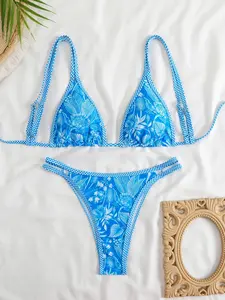 Two-Piece Set Women's Plants Print Bikini Set, Casual Adjustable Strap Tie Back Swim Bra & Swim Panty, Ladies Swimsuit for Beach Holiday Vacation