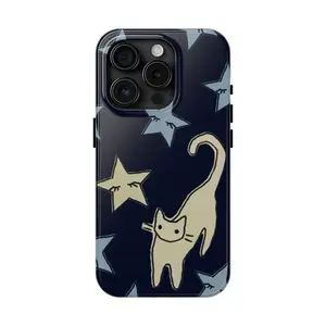 Cat and Stars Phone Case Cute Animal Celestial Dreams Night Girly Hand-Drawn Suitable for IPhone Pro Max17 16 15 14 13 12