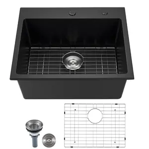 【Father's Day】VEVOR 25 inch Kitchen Sink Workstation,  Top Mount Granite Sinks, Drop-In Single Bowl Farmhouse Basin with Multiple Accessories, Household Dishwasher Sinks for RV, Prep Kitchen, and Bar (Black)