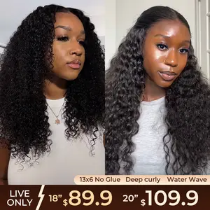 [Live Benefit] Arabella Deep Curly/Water Wave 13x6 No Glue Just Tape Slip On & Go Drawstring Wig Ear to Ear Front Lace Human Hair Wig Natural Black