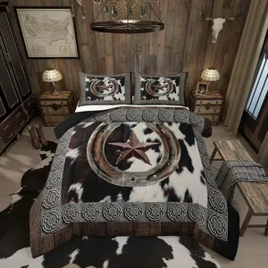 Western Cowhide Bedding Set Soft for Boys Girls,Texas Star Horseshoes Comforter Set Cow Fur Print Duvet Quilt Microfiber Farmhouse Bedroom Decor