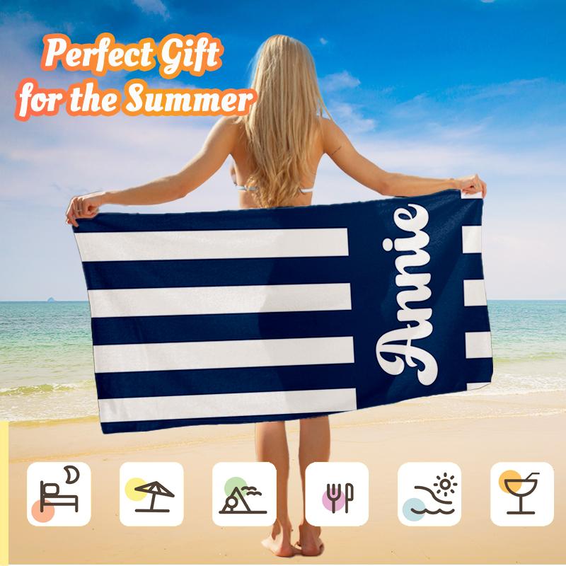 Personalized Classic Striped Beach Towel, Custom Name Summer Pool Towel for Girls