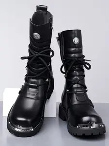 Men's High-Quality Large Size Trendy Motorcycle Boots, Metal Toe Side Zipper Breathable Anti-Slip Long Tube Knight Boots