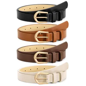 4 Pack Must-Have Women's Thin Leather Belts: Skinny Waist Belts for Every Fashion Moment, with Chic Gold Buckle for Jeans & Dresses