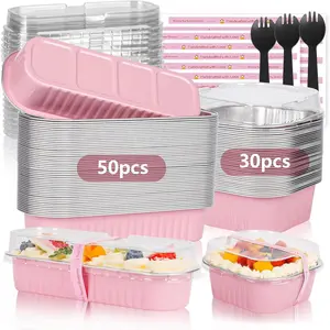 Mini Loaf Pans with Lids for Baking Bread Disposable, 50 count 6.8oz Mini Cake Pans with Lids and Spoons  Sticker & 30 count 10oz Square  Pans Kit, Dessert Foil Baking Cupcake Cups