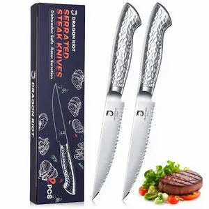 【February Faves】DRAGON RIOT Steak Knives Set of 2 Serrated Edge Steak Knife Set Japanese Stainless Steel Dinner Knife Diswasher Safe Steak Knives with Box FallFreshness Christmas Gift