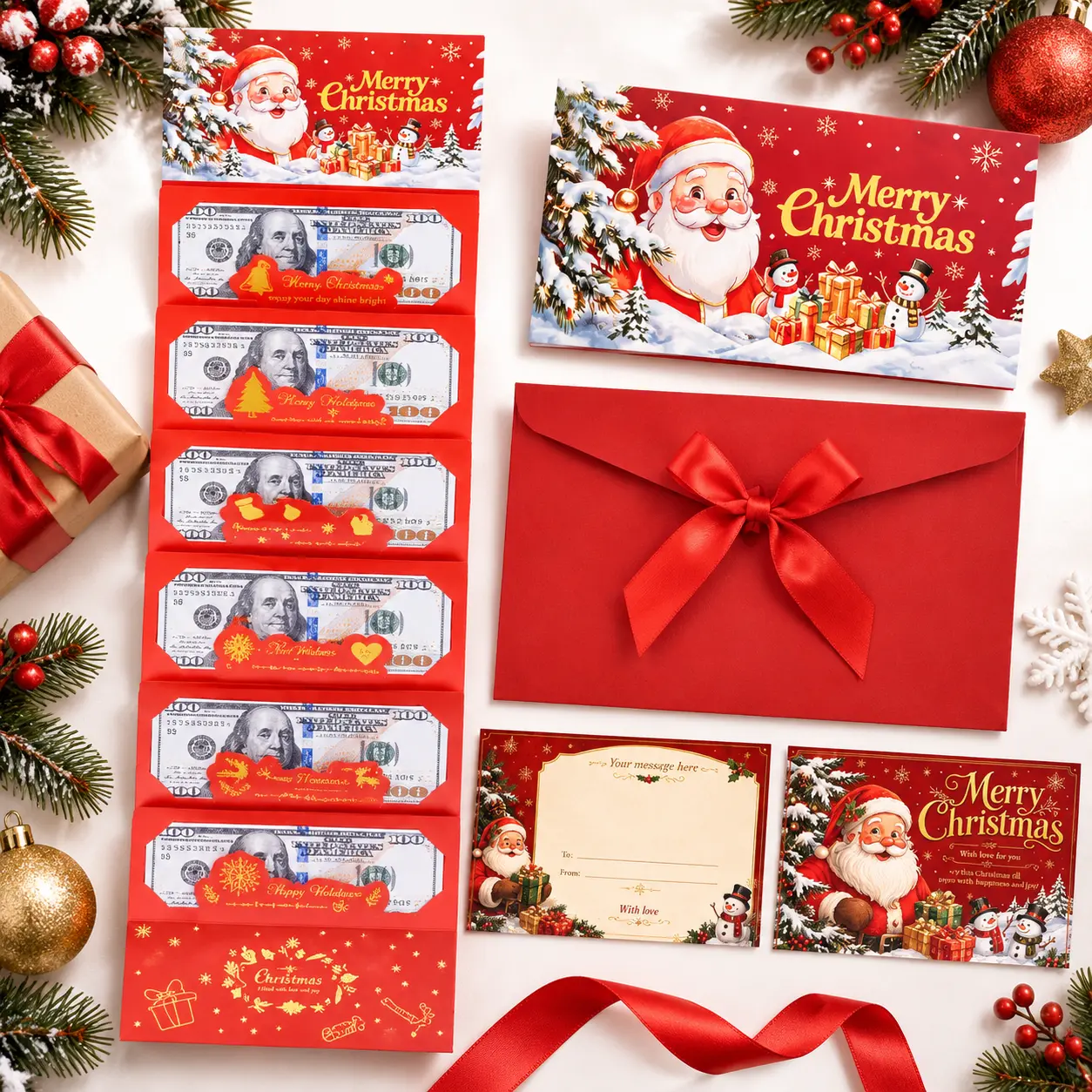 1/2/4 Pcs Holiday Theme Christmas Money Envelope, Cash Storage DIY Cash Holder with 6 Folding Slots, Luxury Paper Gift Card Holder with Exquisite Greeting Cards, Surprise Gift for Family