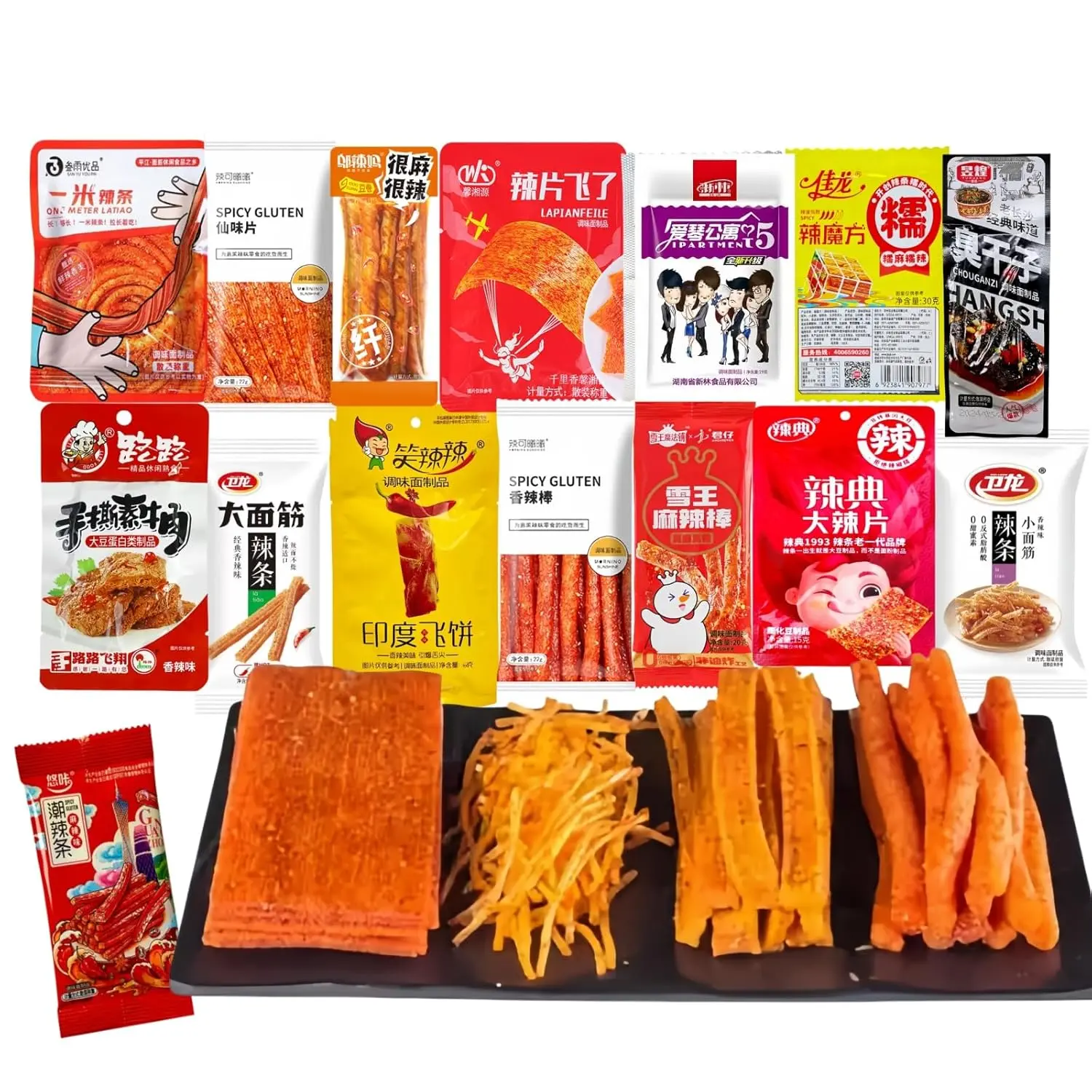 MKSDDF - Latiao Spicy Strips, 15 Pack Chinese Spicy Strips Assorted Snacks: Mala, Mild, Sweet & Spicy, Savory Spicy - Latio 350g/12.35oz Vegan Gluten Asian Snacks Chinese Snacks