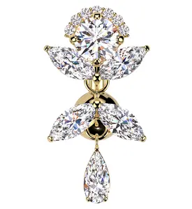 Gold PVD Dancing Flower Clear CZ Dangle Titanium Belly Button Ring