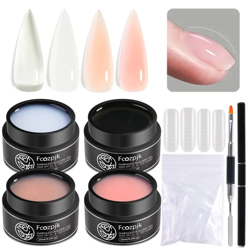 Fcozpjk Builder Gel for Nails, 4Colors Thickening Builder Nail Gel Clear Milky White Nude Pink Nail Strengthener Builder Gel Kit with Brush Pen Soak Off UV Gel Nail Extension Manicure Supplies