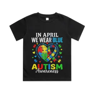 Love Support Heart Puzzle Kids Autism Awareness Cotton T-shirt, Graphic Print Round Neck Short Sleeve Casual Tee for Boys Girls