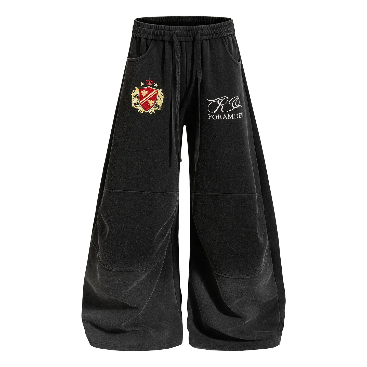 Inflation Gradient Wash Sweatpants Crown Crest Embroidery Cursive Letter Print Seam Panel Baggy Wide Leg Streetwear Casual Pants