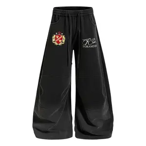 Inflation Gradient Wash Sweatpants Crown Crest Embroidery Cursive Letter Print Seam Panel Baggy Wide Leg Streetwear Casual Pants