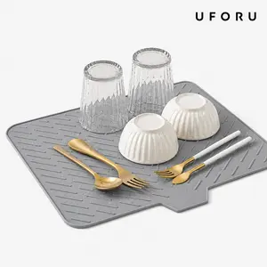 UFORU  Silicone Dish Drying Mat for Kitchen Counter, Sloped Sink Drainage Mat with Raised Ridges, Waterproof Counter Protector for Plates, Bowls, Cups, Utensils, Clean Countertop Storage#SummerWins#dealsforyou