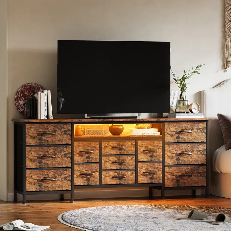 tv dresser for bedroom Garvee 4 Drawer Dresser TV Stand with Mount for TVs Up to 70 Inch,  Farmhouse Style MDF Media Console, Natural Rattan, Living Room & Bedroom