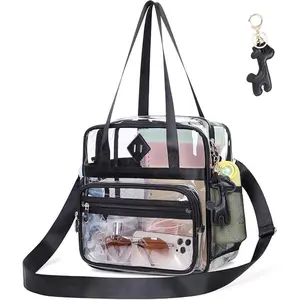 Clear Stadium-Tote with Adjustable Strap, Multiple Pockets, and Keychain Accessory – Ideal, Events, and Travel