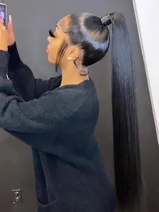 22 Inch Black Ponytail Extension Human Hair 100g #1b Natural, 100% Remy Human Hair, Long Straight Wrap Around, Clip in Hair Extensions, Hairpiece for Women